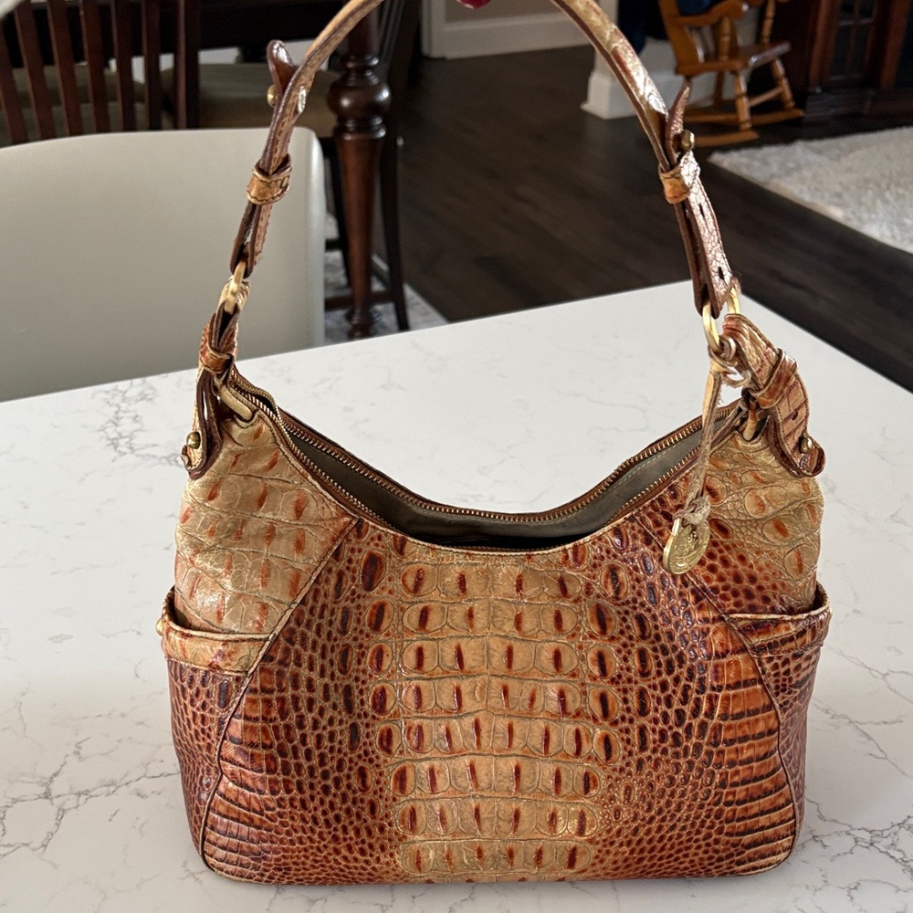 Brahmin Tan and Brown Crocodile-Embossed Hobo Bag